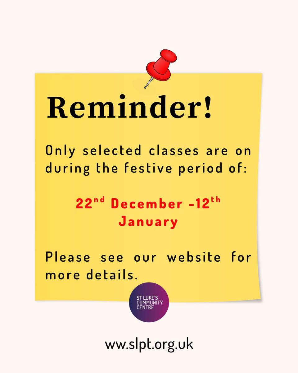 StLukesTrust's tweet image. Reminder for all our members! 😁

Only a very few selected classes are still running during our festive period. Please see our website for details: slpt.org.uk/st-lukes-event… 🎁🎁

#calendar #event #classes #timetable