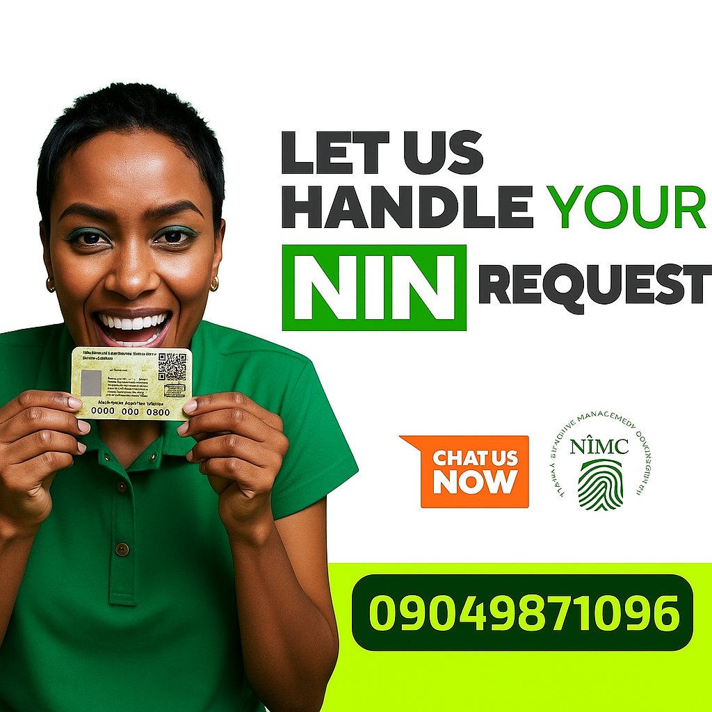 Your NIN is not just a number. It’s your access to banks, SIMs, jobs, travel, and government services.

We handle new NIN enrolment, updates, corrections, retrieval, and deliver clean, durable plastic NIN cards.

NIN Card - 5000

📌 Secure your identity today! 

Lagos.
