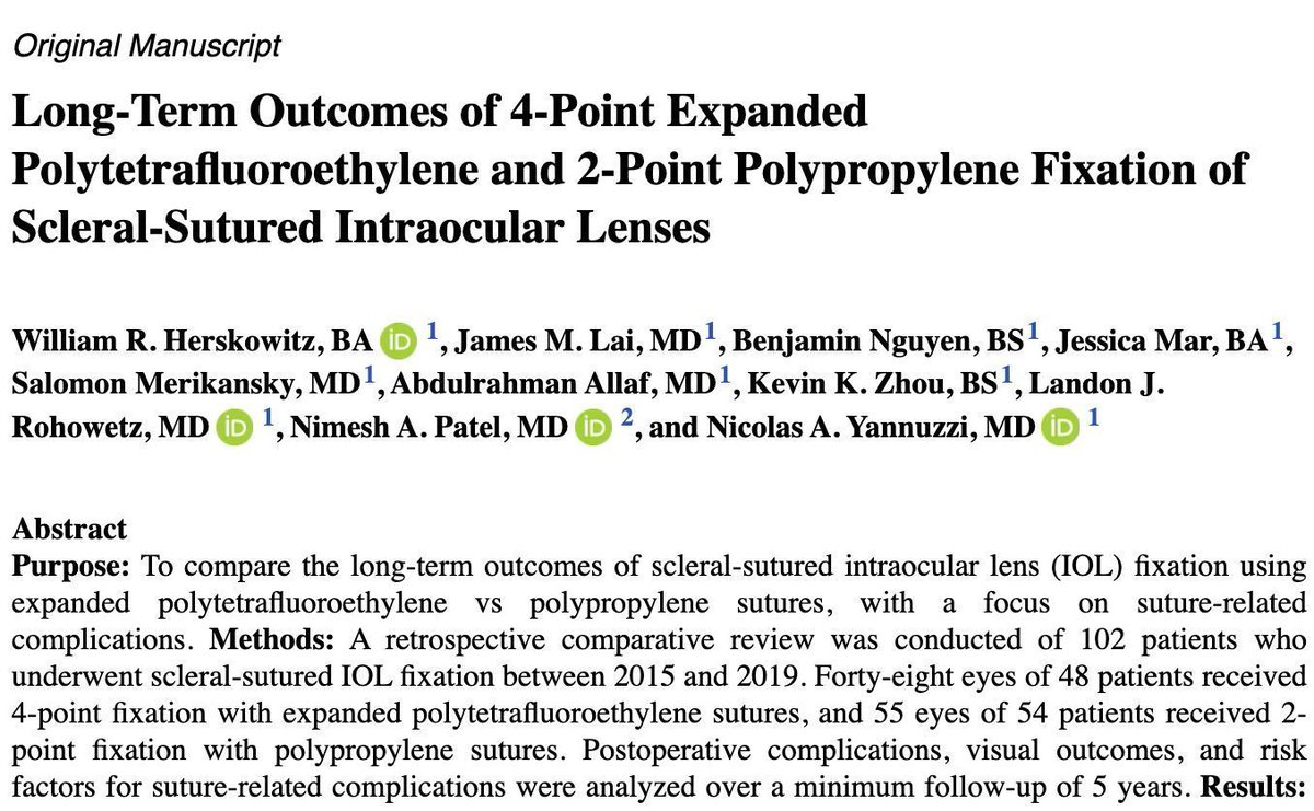 lrohowetzmd's tweet photo. Thankful for the opportunity to contribute to this analysis of long-term outcomes of scleral-sutured IOL fixation. Over extended follow-up, Gore-Tex and Prolene sutures showed comparable safety and durability, supporting both as reliable options for secondary IOL implantation. https://t.co/BpbQqXC4Fj