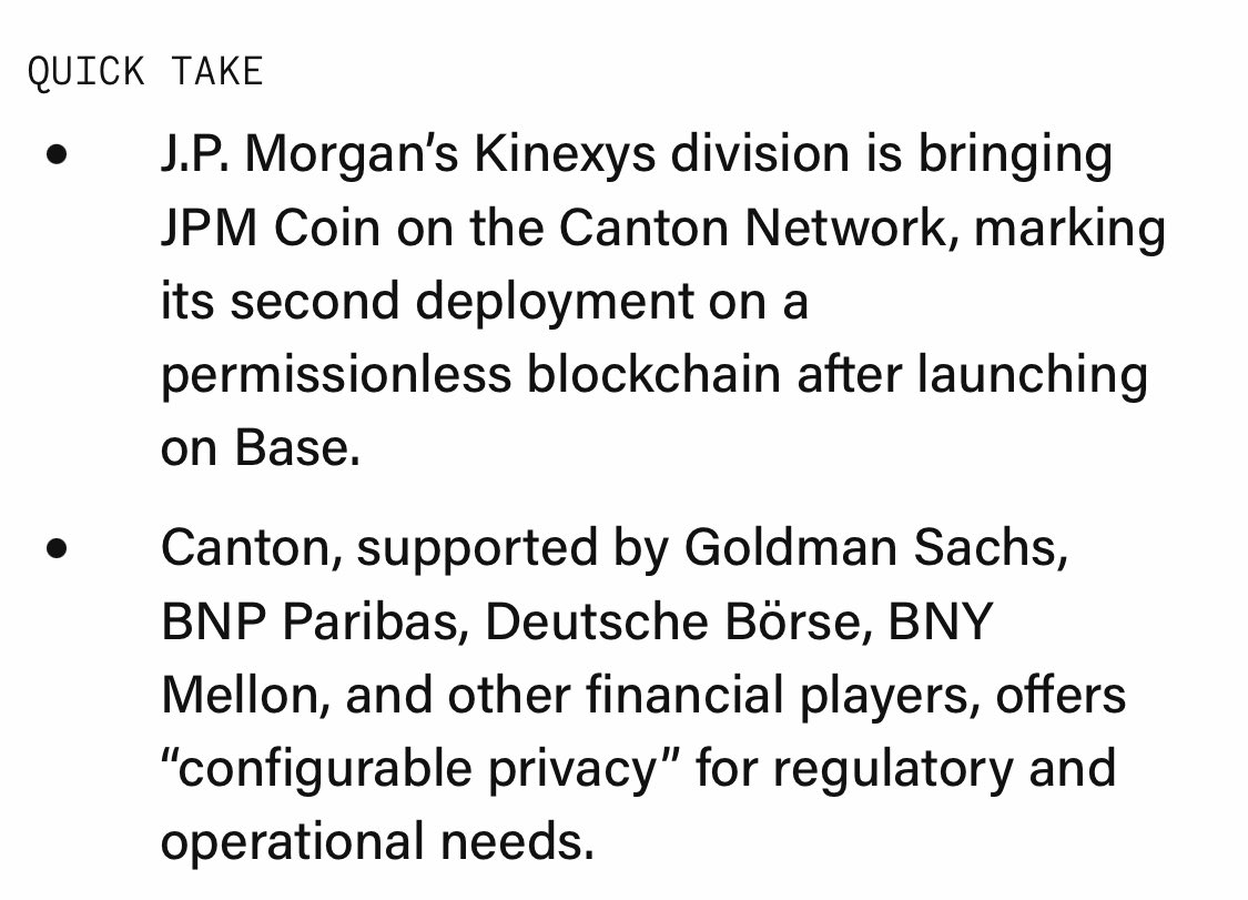 🚨 NEW: JPMorgan is expanding JPM Coin to the Canton Network, marking its  second extension after launching on Base.