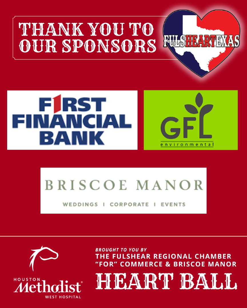 FulshearChamber's tweet photo. Sending a huge thank you to our incredible 2026 Heart Ball Sponsors — First Financial Bank, GFL Environmental, and Briscoe Manor! ❤️✨

Your commitment fuels our mission and helps make this year’s event truly special. 🫶

#HeartBall2026 #ThankYouSponsors https://t.co/etv3zKIGsS
