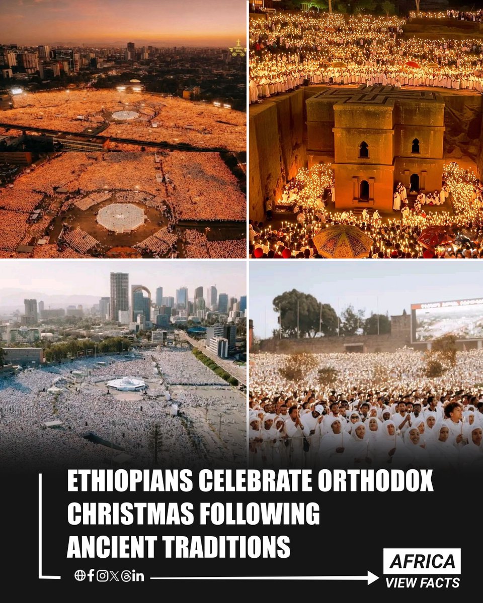 AfricaViewFacts's tweet image. Ethiopians 🇪🇹 celebrate Orthodox Christmas Eve on January 6 and Christmas Day on January 7 each year.

Yesterday, thousands of believers gathered in Addis Ababa and Lalibela, Ethiopia, to mark Christmas Eve. Dressed in white, they held candles and joined all-night prayers and…