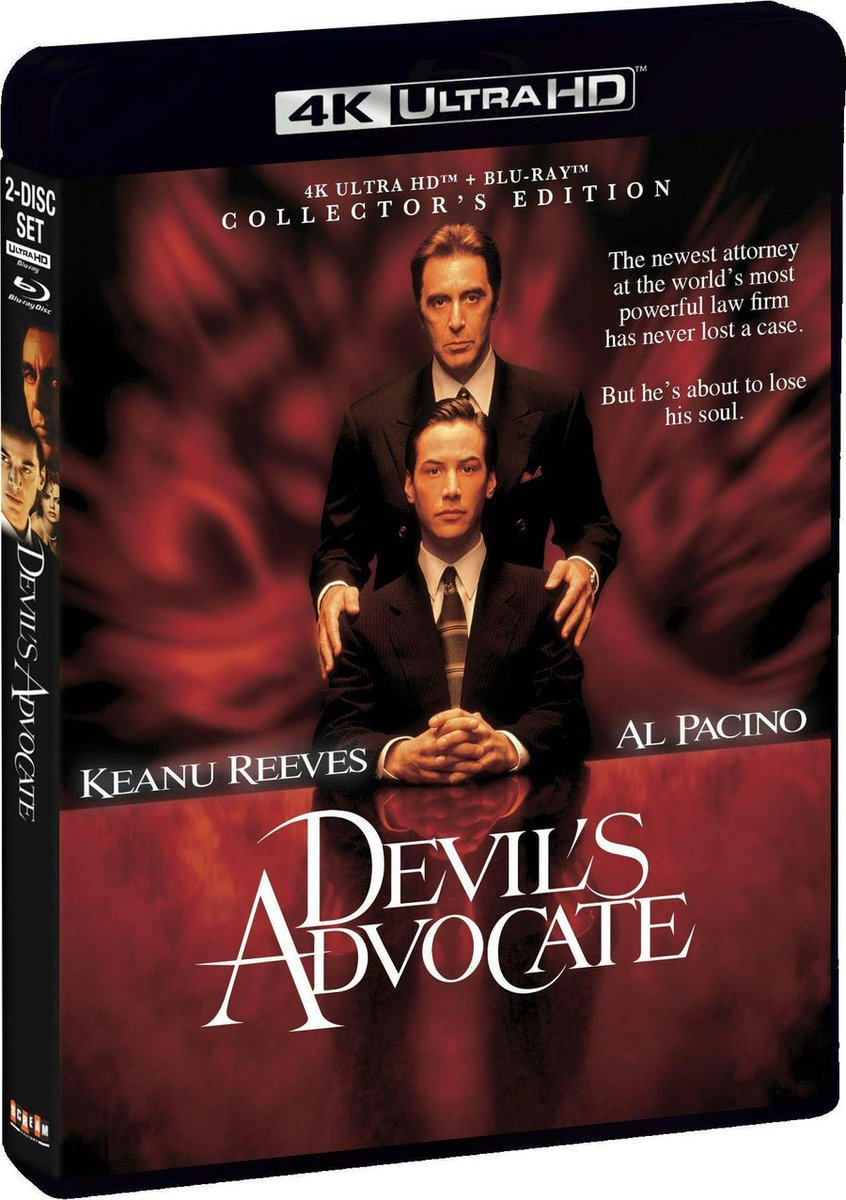 disc_connected's tweet photo. ***ANNOUNCEMENT***
Coming on March 10th on #4K/Blu-ray Dual Format in the US from @Shout_Studios: #TheDevilsAdvocate (1997)!
Kevin gets an irresistible offer from a law firm in New York and he moves to the city with his wife. Soon, he gets consumed by his work, while his wife begins to suffer from visions and nightmares.
Special Features:
- 4K Transfer from the 35mm Original Camera Negative
- Presented in Dolby Vision
- Audio Commentary with Director Taylor Hackford
- Audio Commentary with Taylor Hackford
- Deleted Scenes
- Theatrical Trailer
Preorder: https://t.co/iGRLczyiiP
#BluRay #Ad #PhysicalMedia #BluRays #BoutiqueBluRay #CultMovies #DiscConnected #ShoutStudios #KeanuReeves #AlPacino #CharlizeTheron #CraigTNelson