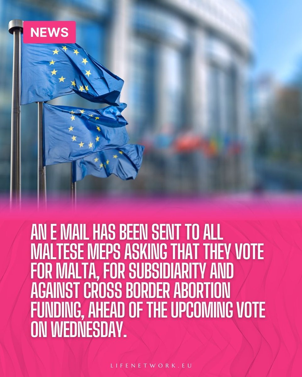 LifeNetworkEu's tweet photo. An email has been sent to all Maltese MEPs asking that they vote for Malta, For Subsidiarity and against cross border abortion funding, ahead of the upcoming vote on Wednesday.

Email in the comments https://t.co/OVHwPojqwl