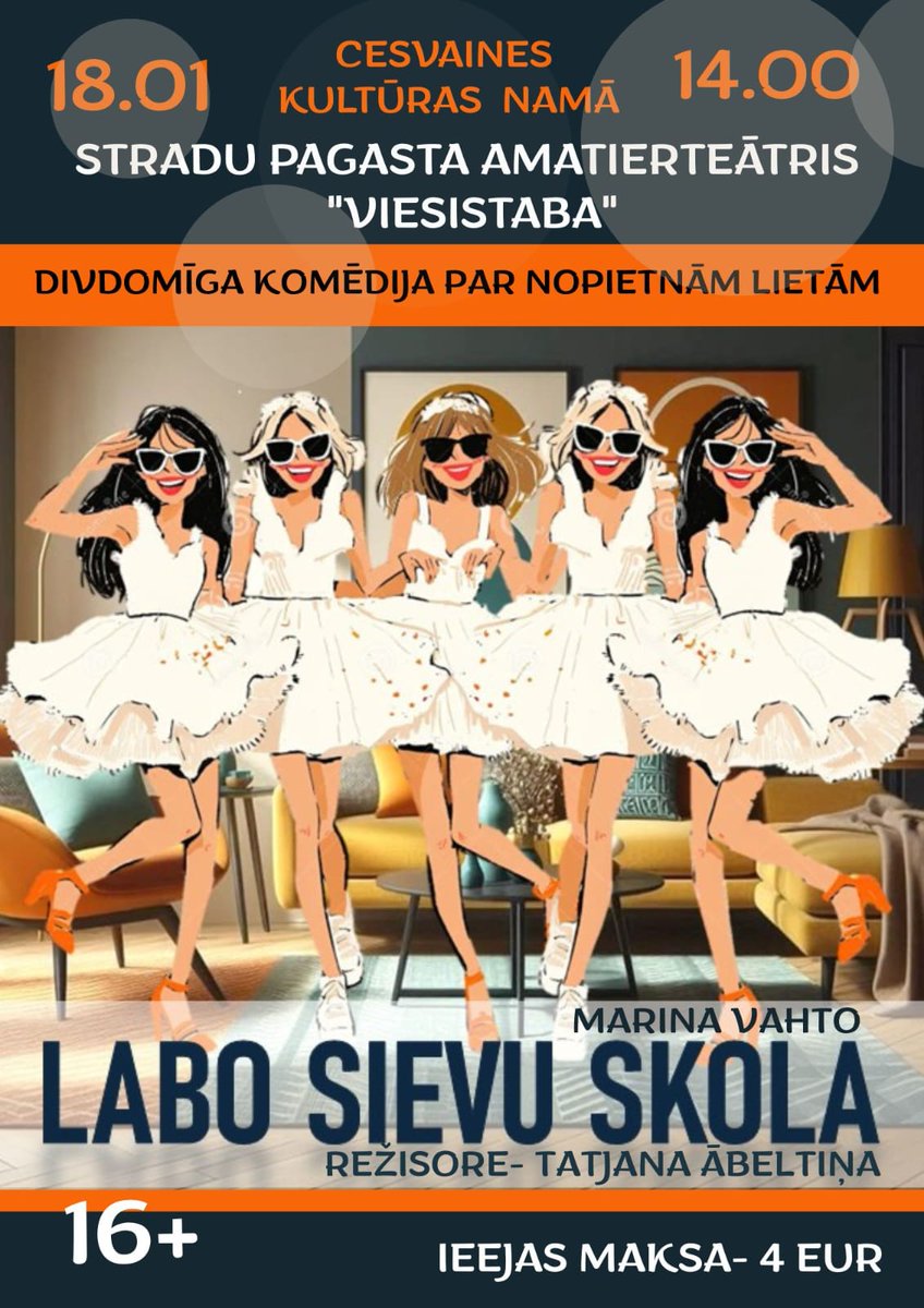 18. janvārī plkst. 14.00 Cesvaines kultūras namā Stradu pagasta amatierteātris “Viesistaba” ielūdz uz divdomīgu komēdiju par nopietnām lietām – “Labo sievu skola”
 (autore Marina Vahto, režisore Tatjana Ābeltiņa).