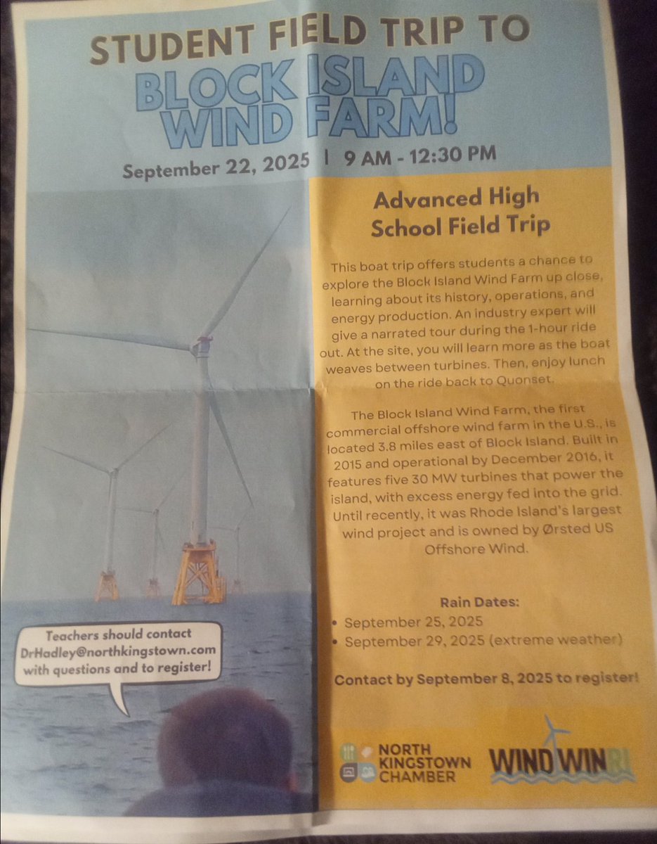AnthonyDEllena's tweet photo. This isn’t education It’s ideology with a permission slip

Rhode Island public schools herded students onto boats for a scripted tour of Ørsted’s Block Island Wind Farm, the poster child for Big Wind’s profit-driven “green” agenda. They’re not teaching history; they’re peddling corporate propaganda on climate hysteria while turbines kill wildlife and jack up energy costs.

Who paid for this farce? The North Kingstown Chamber? Ørsted subsidies? We demand transparency!
#SchoolIndoctrination #WindFarmScam #ClimateCult