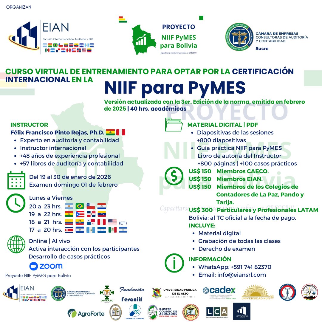 EIANsrl's tweet photo. 📌 CERTIFICACIÓN INTERNACIONAL en la NIIF PARA PYMES

#Auditoría #Contabilidad #Auditor #Contador #NIIFparaPYMES #3erEdicion #Actualizada2025 #CrecimientoProfesional #CursoVirtual #Capacitación #EIAN #ProyectoNIIFPyMESparaBolivia #CAECO #BOLIVIA #LATAM https://t.co/H2UHOKDl5f