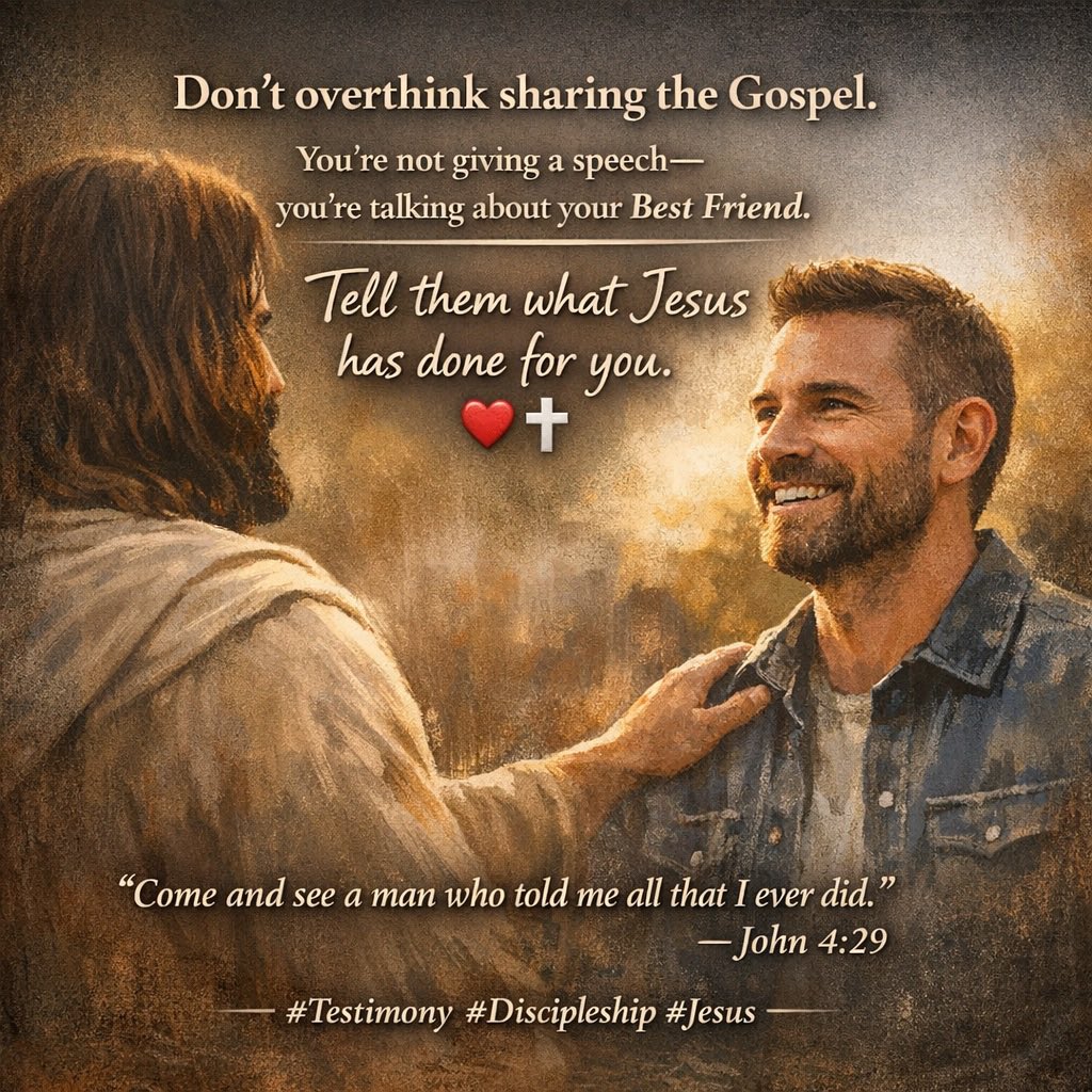 Don’t overthink sharing the Gospel.
You’re not giving a speech—
you’re talking about your Best Friend.
Tell them what Jesus has done for you.
❤️✝️

“Come and see a man who told me all that I ever did.”
— John 4:29

#Testimony #Discipleship #JesusSaves