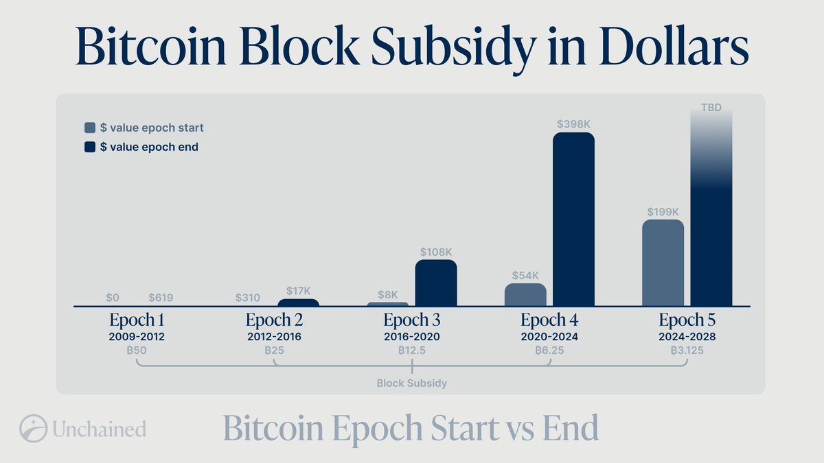 Bitcoin block subsidy in dollars by epoch: 2009–2012: $0 to $619 🟢 2012– 2016: $310 to $17K 🟢 2016–2020: $8K to $108K 🟢 2020–2024: $54K to $398K  🟢 2024–2028: $199K to TBD ❔