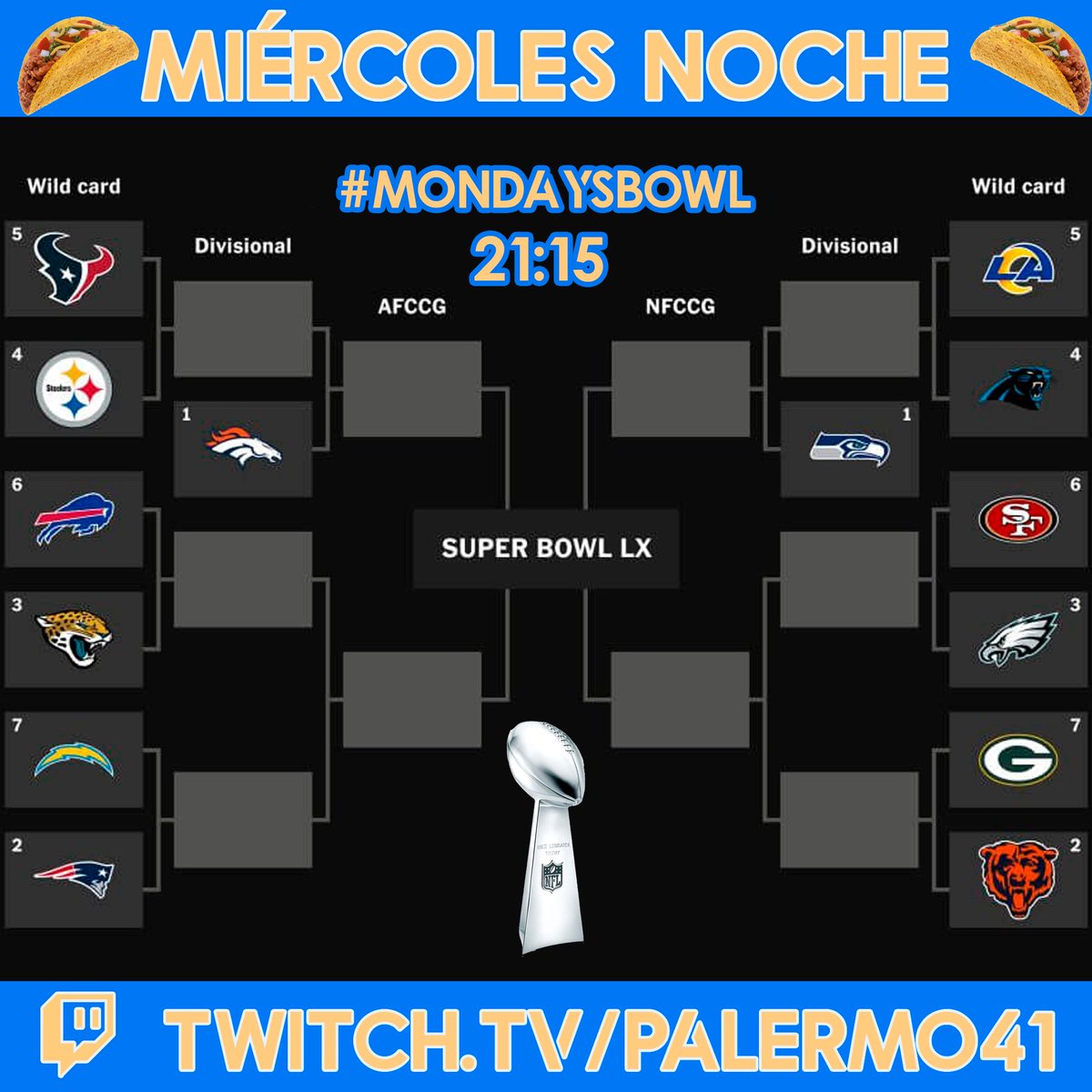 🚨Directo de HOY.

🏈<a href="/mondaysbowl/">Mondays Bowl</a> y la Week 18 con la última hora de los #NFLPlayoffs2026 .

🐏Los que sí.
🐦‍⬛Los que no.
🪦Black Monday.

🎙️Vienen <a href="/numbertwenty/">Marcelo Torres</a> con su comentario histórico y la estrella televisiva <a href="/yankeealvaro/">Álvaro Fraile</a>.

😁A las 21:15 en Twitch.tv/Palermo41
