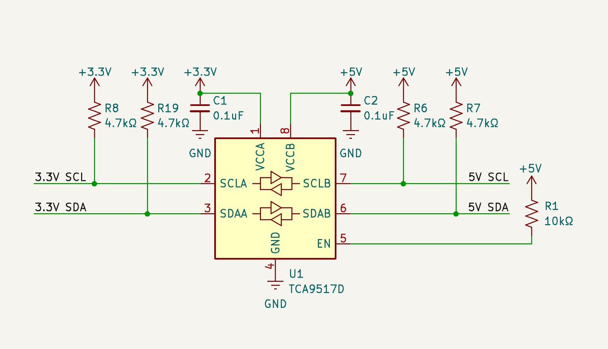 MakeAugusta's tweet photo. If you need to have a logic shifter for your I2C bus, this is all you need. This will autosense the data's direction and act seamlessly in your design. https://t.co/QMghYBLSZB