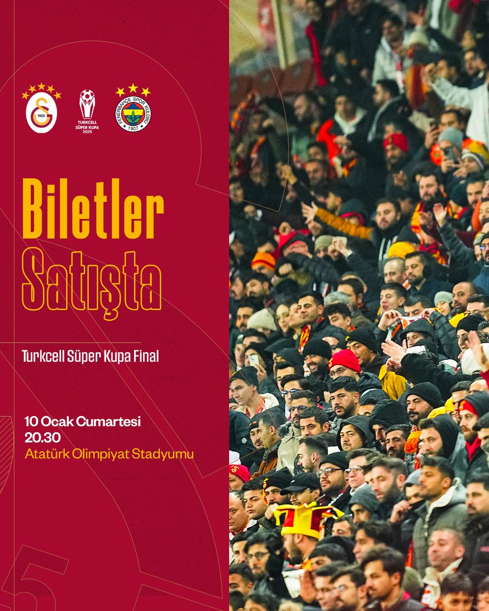 🦁 HAYDİ BÜYÜK GALATASARAY TARAFTARI! 💪

🏟️ Turkcell Süper Kupa’da Fenerbahçe ile 10 Ocak Cumartesi günü saat 20.30’da Atatürk Olimpiyat Stadyumu’nda oynayacağımız final maçının biletleri SATIŞTA! #GSvFB

🎫 Bilet satın almak için 👉 bit.ly/GSvFBFinal