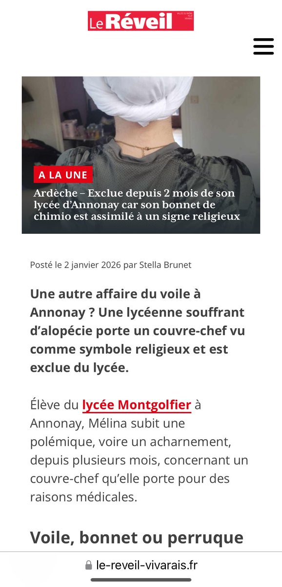 BMoon_bee's tweet image. Melina, lycéenne exclue 2 mois pour avoir porté un turban de chimio car elle a perdu ses cheveux (alopécie) a cause de son épilepsie et du stress. 

L’académie accuse son médecin de « complaisance » saisit l’ordre des médecins qui réclame un certificat de « non religion » !!! 🧵