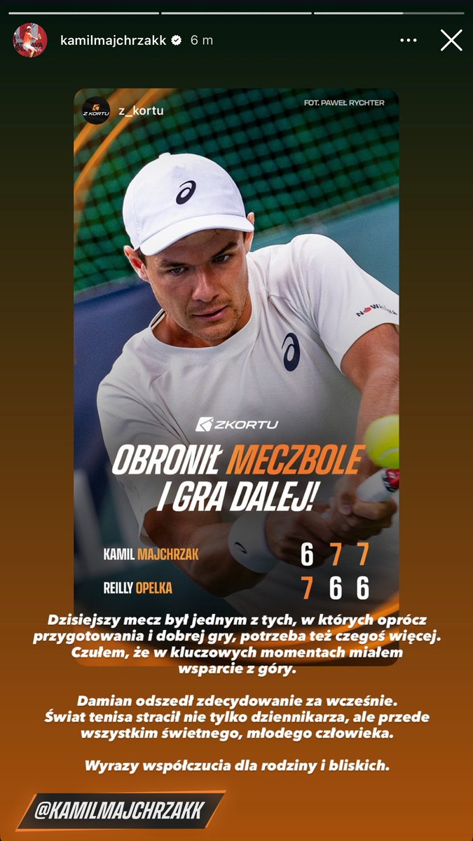 z_kortu's tweet image. 🕊️❤️‍🩹 Kamil Majchrzak na Instagramie ⤵️

"Dzisiejszy mecz był jednym z tych, w których oprócz przygotowania i dobrej gry, potrzeba też czegoś więcej. Czułem, że w kluczowych momentach miałem wsparcie z góry.

Damian odszedł zdecydowanie za wcześnie. Świat tenisa stracił nie tylko…