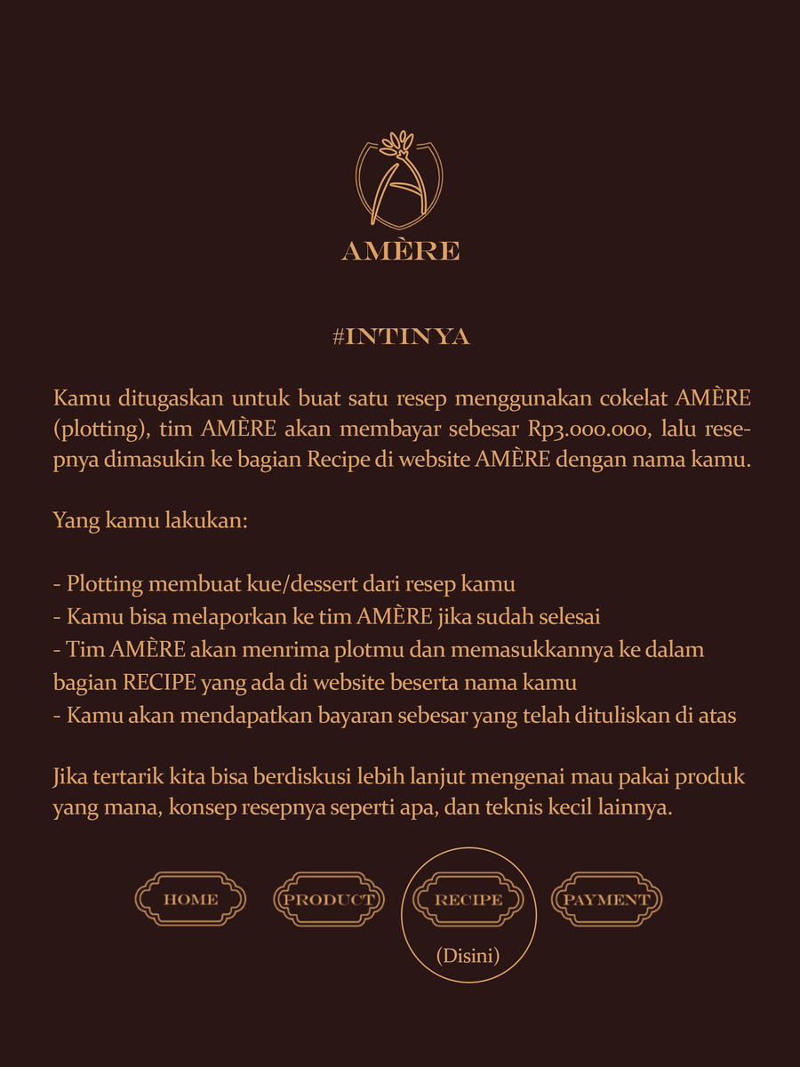 amereatelier's tweet image. ⠀
[𝐒𝐄𝐁𝐔𝐀𝐇 𝐑𝐄𝐓𝐖𝐄𝐄𝐓 𝐀𝐊𝐀𝐍 𝐒𝐀𝐍𝐆𝐀𝐓 𝐁𝐄𝐑𝐇𝐀𝐑𝐆𝐀]

Kami dari proyek toko cokelat tengah membuka kesempatan kerja sama sebagai berikut:
⠀