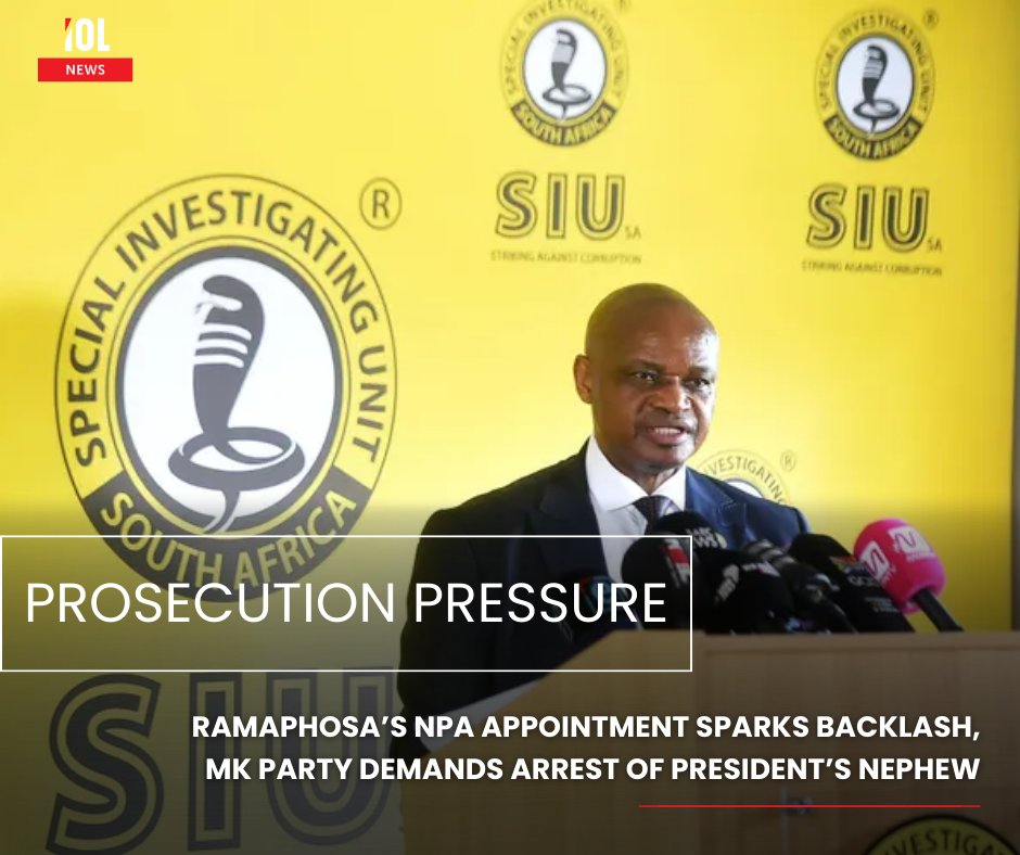 IOL's tweet photo. President Cyril Ramaphosa’s decision to appoint advocate Andy Mothibi as the new NPA head has triggered criticism from political parties and analysts, with MK Party calling for Mothibi to arrest Hangwani Maumela.
#Ramaphosa #NPA #AndyMothibi #HangwaniMaumela #TembisaCorruption #IDAC #SUI
Read on https://t.co/o5IwKYoTRd