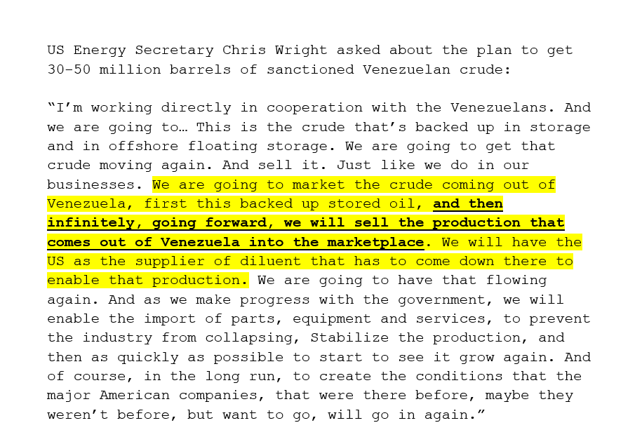 JavierBlas's tweet image. Ignore the oil tankers seizures -- that's a distraction. 

The below is truly the news of the day on Venezuelan oil. Read what US Energy Secretary Chris Wright just said at the Goldman Sachs energy conference (my quick transcript of the key question, with my own highlights).