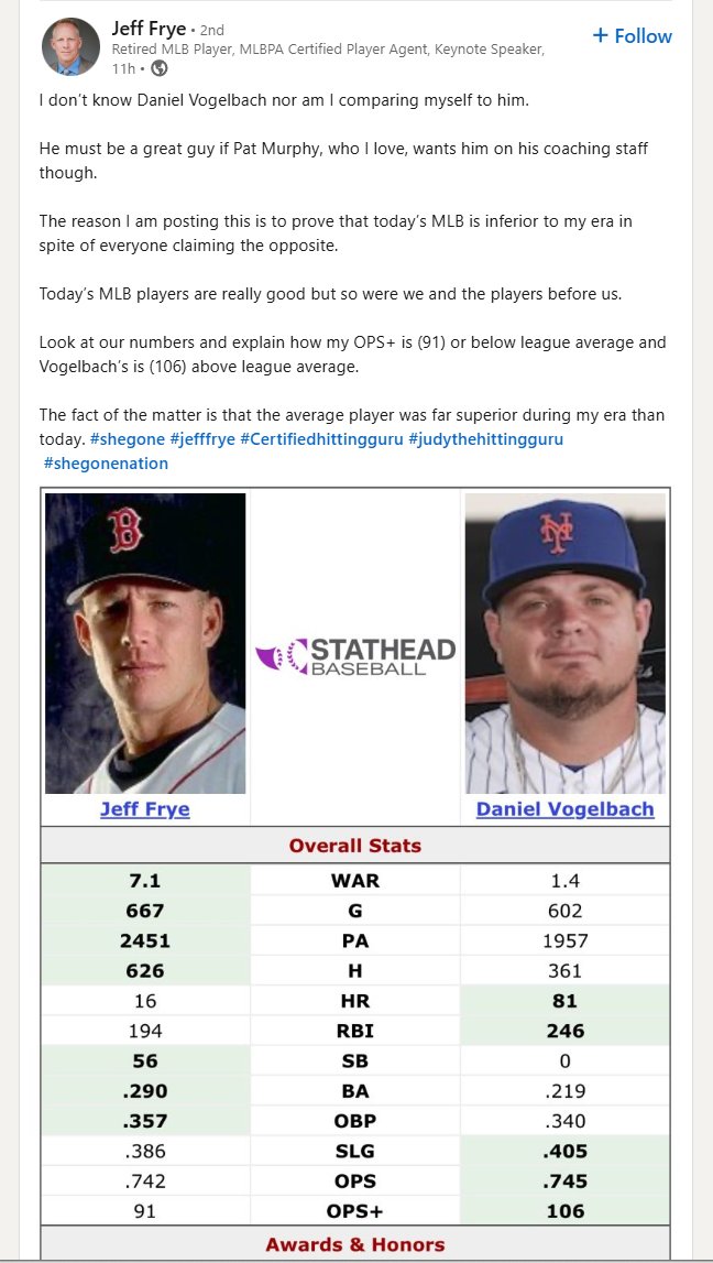 WatchTheBreaks's tweet image. I did NOT have "retired MLB journeyman Jeff Frye going after Daniel Vogelbach on LinkedIn" on my sports Bingo card today 😂