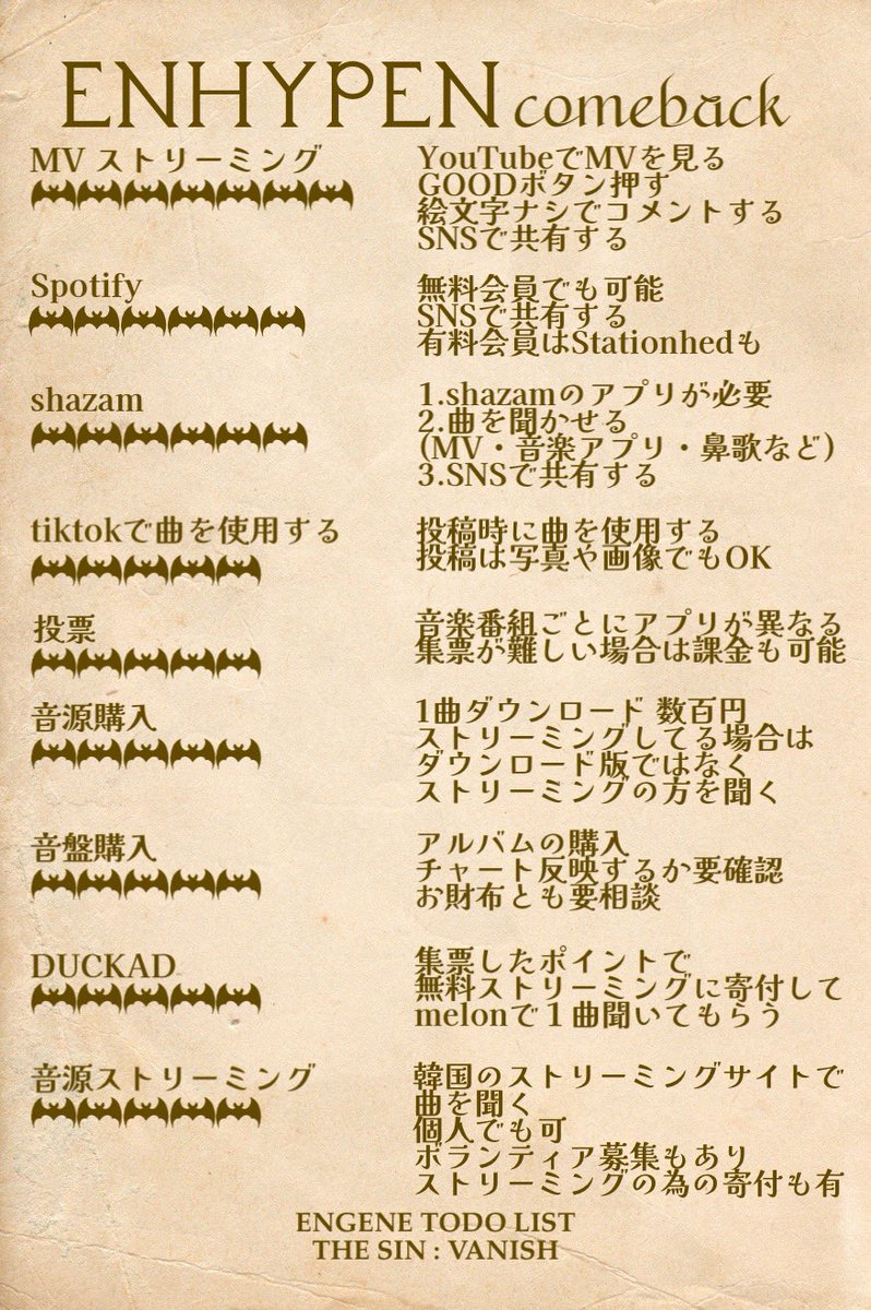 カムバまであと少し

同週は強豪揃い...
なのにカムバは金曜日...
最初の集計まで3日間しかない

このカムバの結果が2026年の授賞式にも繋がる
ひとつひとつのカムバが大切になってくる

日本からできることをざっくりと...
#ENHYPEN