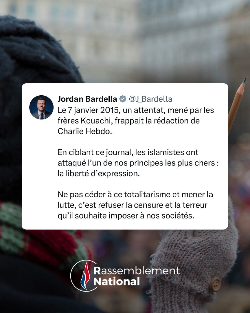 ⚫️ En ce jour de commémoration de l’attentat islamiste du 7 janvier 2015 contre la rédaction de Charlie Hebdo, nous réaffirmons notre volonté inébranlable de défendre la liberté d’expression et de lutter sans relâche contre cette idéologie mortifère qui menace notre société.