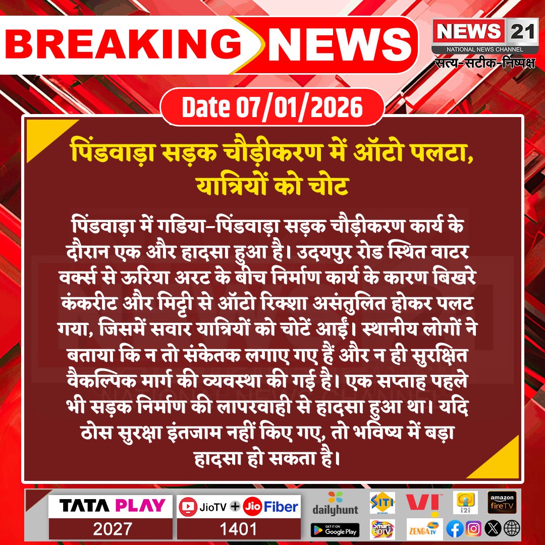news21national's tweet photo. पिंडवाड़ा सड़क चौड़ीकरण में ऑटो पलटा, यात्रियों को चोट
#Pindwara #RoadAccident #ConstructionHazard #PublicSafety #TrafficWarning #RajasthanNews #RoadSafety #BreakingNews #News21 https://t.co/SgjwhM50ia