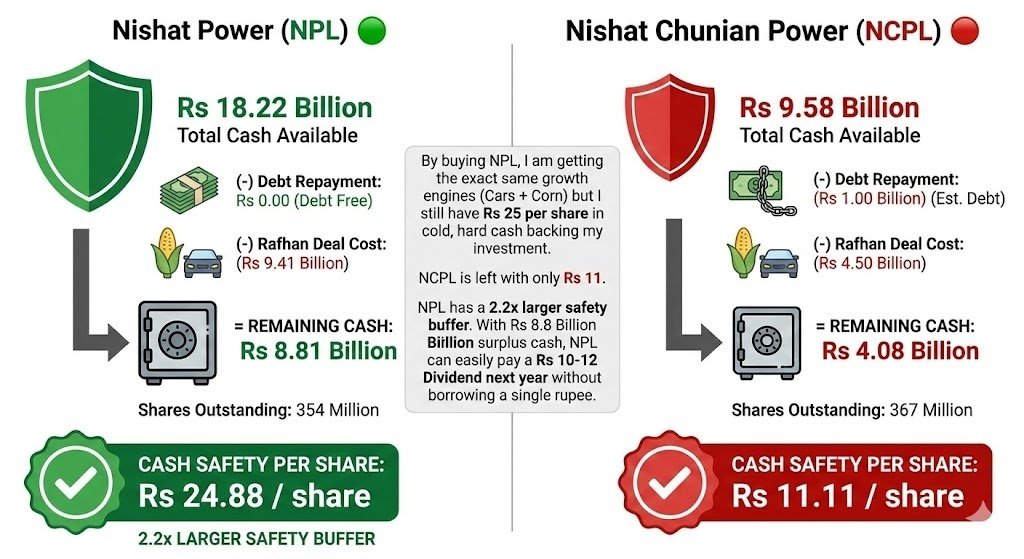 _Iam_Pakistani's tweet image. #NPL vs #NCPL:The "Post-Deal" Cash Reality

Even after buying the Rafhan Maize stake (Rs 9.4B), NPL still holds Rs 25/share in liquid cash.

What does this mean?
🟢Possibility of Bumper Dividend: 8.8 Billion cash, a massive payout (Rs 10+) is on the table without borrowing a dime