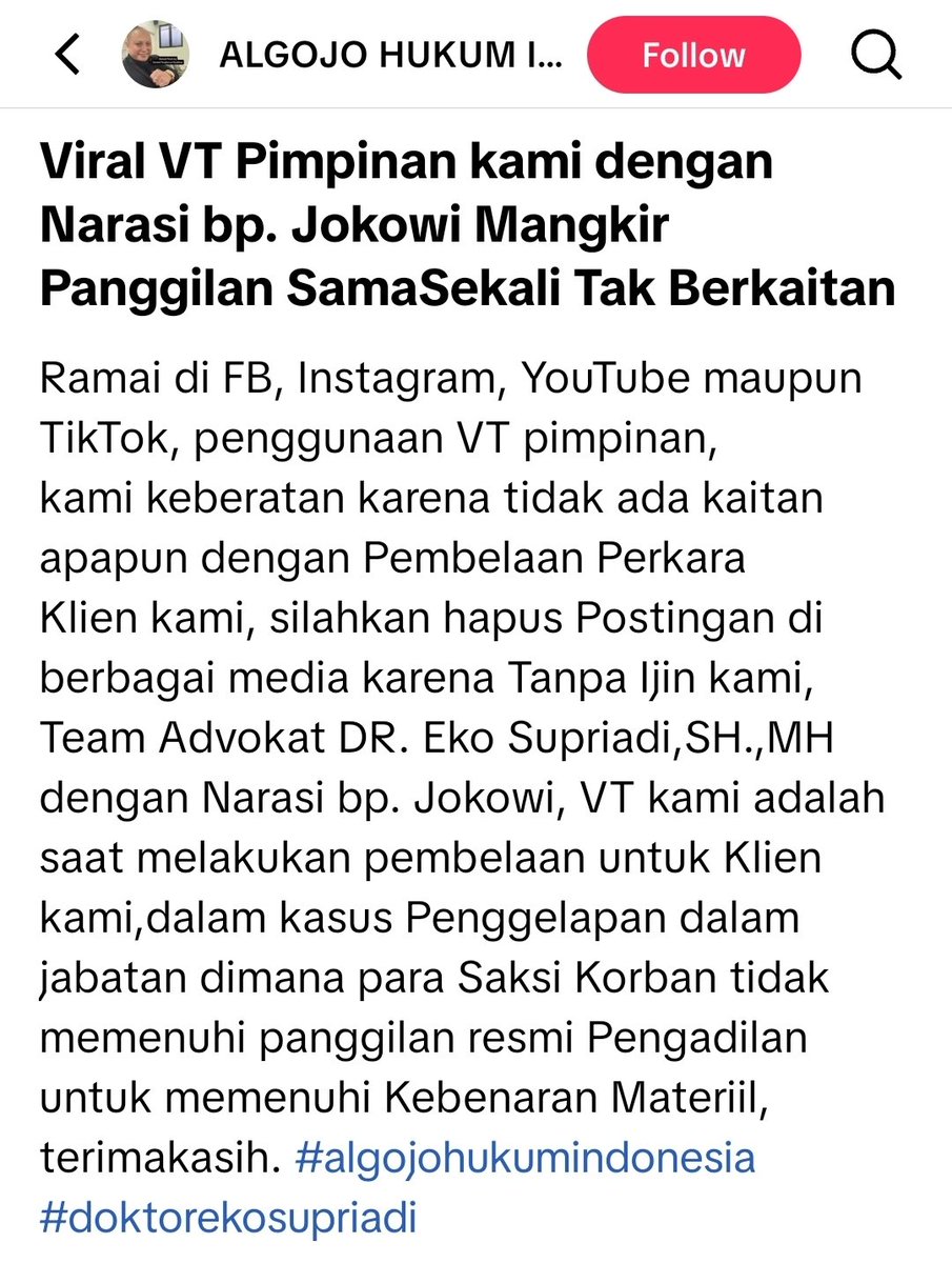Postingan Dr. Eko Supriadi SH, MH di akun medsosnya digoreng dan disalahgunakan seolah² jd pengacara Roy Suryo CS 🤣😂

Di X bnyak jg yg upload video ini dgn narasi hoax ini wkkk....