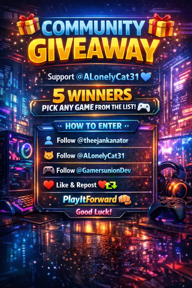theejankanator's tweet image. 🎁 CREATOR SUPPORT GIVEAWAY 🎁

This giveaway is about lifting each other up 💙
We’re coming together as a community to help a fellow creator grow — @ALonelyCat31.

🏆 5 WINNERS
Each winner can choose ANY game from the list in the comments 🎮

✅ How to Enter:
• Follow…
