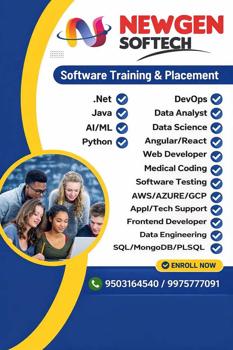 AkshayM8377's tweet photo. @TrakinTech Software Training &amp; Placement Assistance
.NET | Java | Data Analyst | DevOps | AWS | Testing
Call: 9503164540 / 9975777091
Limited seats – Enroll now https://t.co/odCbMt9XwJ