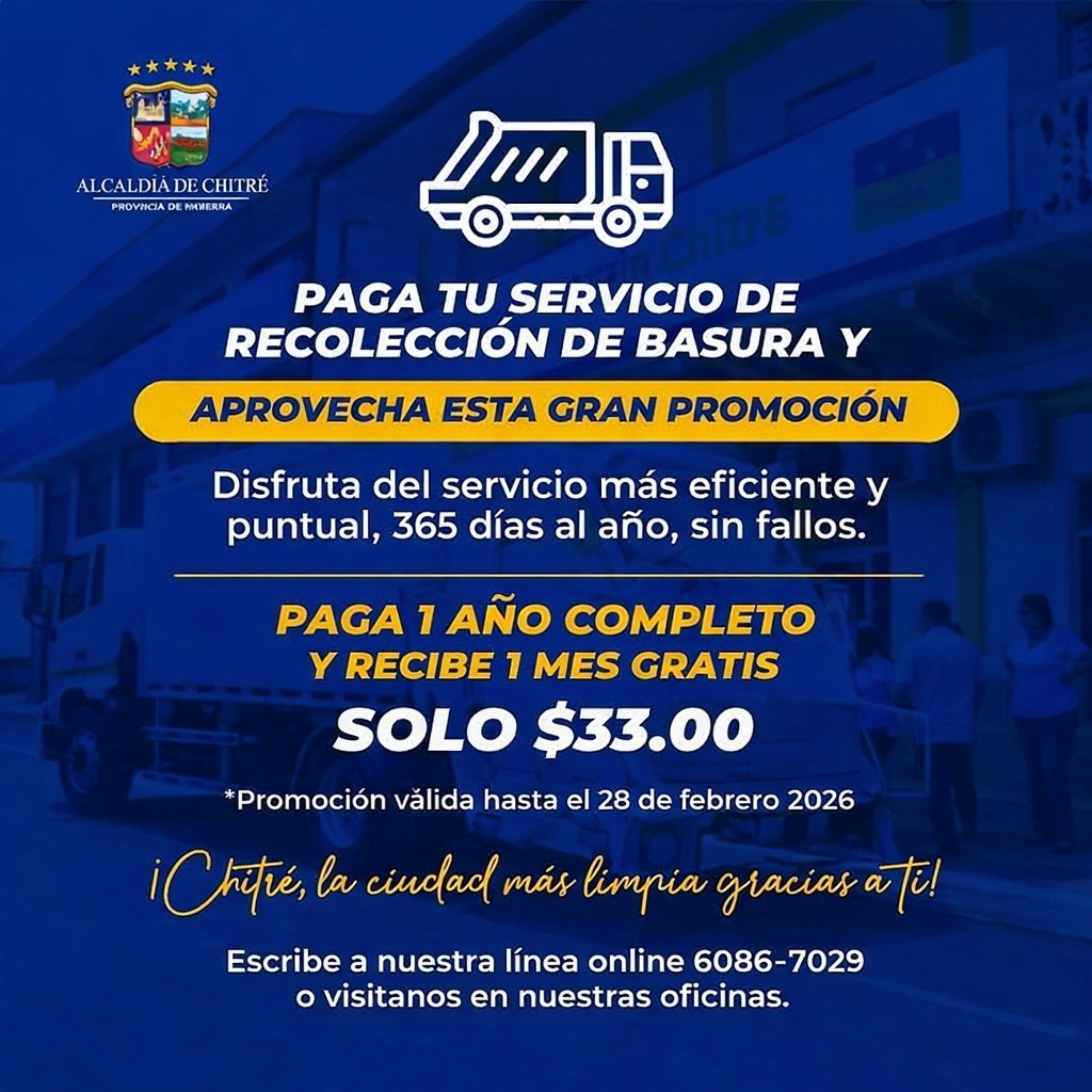 Paga tu servicio de recolección de basura y aprovecha esta gran promoción que la Alcaldía de Chitré tiene para ti. ✔️ Servicio eficiente y puntual ✔️ Operación los 365 días del año ✔️ Compromiso con una ciudad más limpia 💳 Paga 1 año completo y recibe 1 mes GRATIS