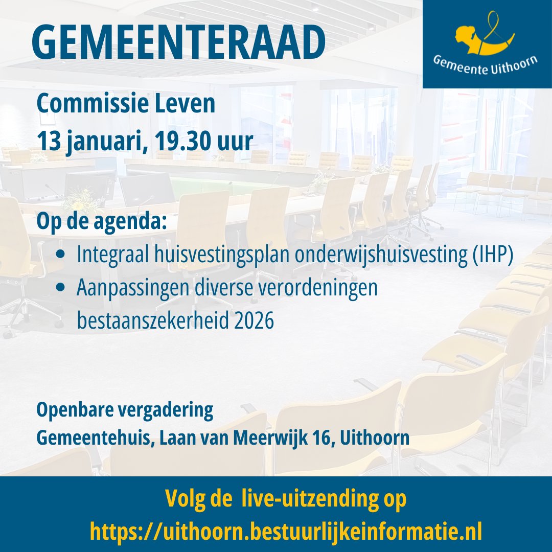 Dinsdag 13 januari vergadert de commissie leven vanaf 19:30. Woon de vergadering bij in de raadzaal of volg hem via de livestream op Welkom Uithoorn - iBabs Publieksportaal