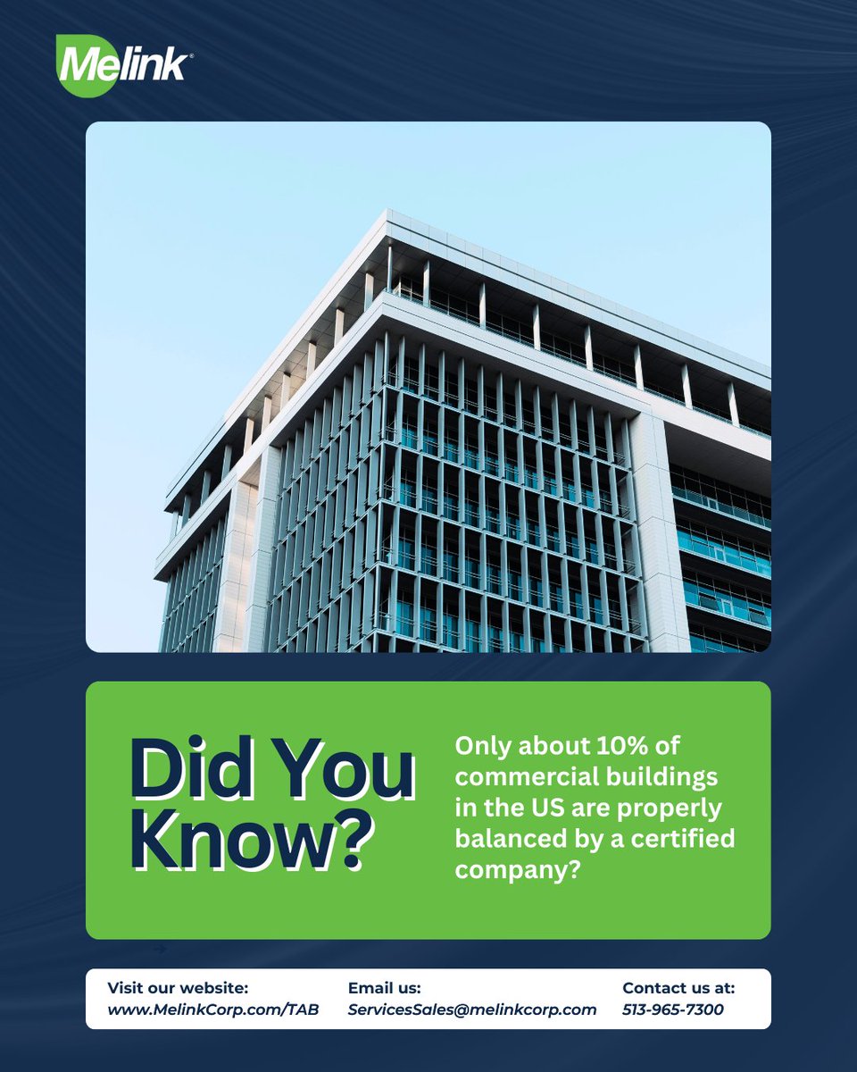 MelinkCorp's tweet photo. 𝗗𝗶𝗱 𝗬𝗼𝘂 𝗞𝗻𝗼𝘄?
Only 𝟭𝟬% of commercial HVAC systems are properly balanced.
Poor airflow can cost building owners thousands each year in wasted energy. Regular TAB improves efficiency, comfort, and performance.
👉 𝗟𝗲𝗮𝗿𝗻 𝗺𝗼𝗿𝗲: https://t.co/YaxsuHXLl8 https://t.co/CX3hGFkgj5