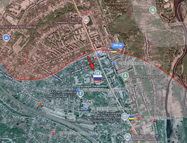 Russians retake the city hospital in Kupyansk, as fighting intensifies within city limits:

Geolocation - 49.718304,37.606622