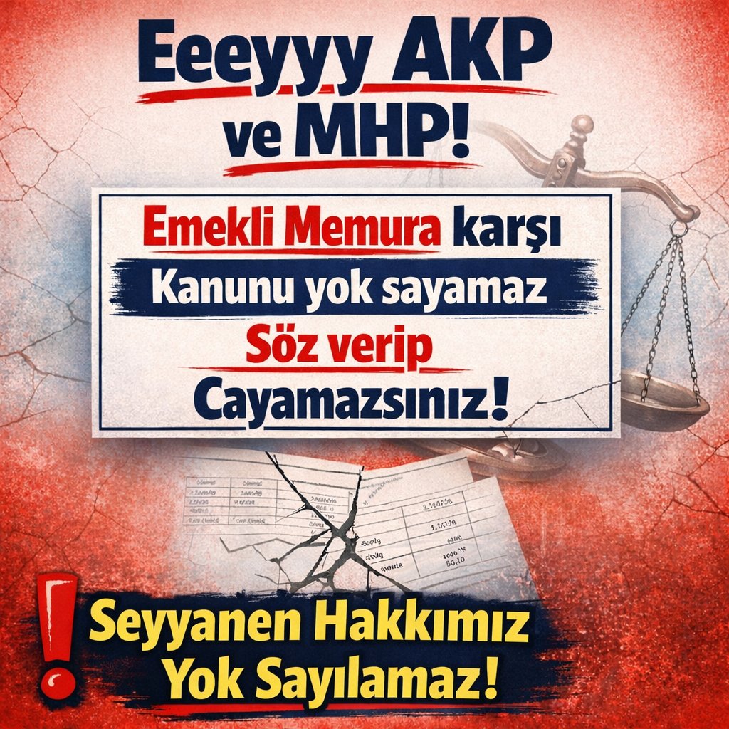 ❎️Hükümet ortakları <a href="/Akparti/">AK Parti</a> ve <a href="/MHP_Bilgi/">MHP</a> ve Sn <a href="/RTErdogan/">Recep Tayyip Erdoğan</a> 
❎️ADALET sadece en düşük emekliye yada ssk-bagkura vermek değil
❎️Tabi olduğu kanuna ve ödediği prime göre her kesime hakkını vermektir
❎️Kime ne verirseniz verin amaa #EmekliMemur a kanuni hakkı SEYYANENİ verin