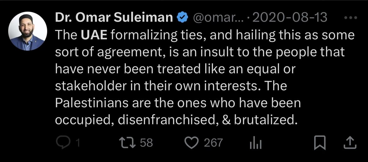 Somali1and's tweet photo. This was his response when the 🇦🇪 normalized ties with 🇮🇱 .

Notice he didn’t curse them. He didn’t tell their leaders 2 go 2 hell.

Why?

B/c @omarsuleiman is an opportunist. He has personal &amp; financial interests in 🇦🇪 , &amp; he knows better than to bite the hand that benefits him https://t.co/7batPQm3uV