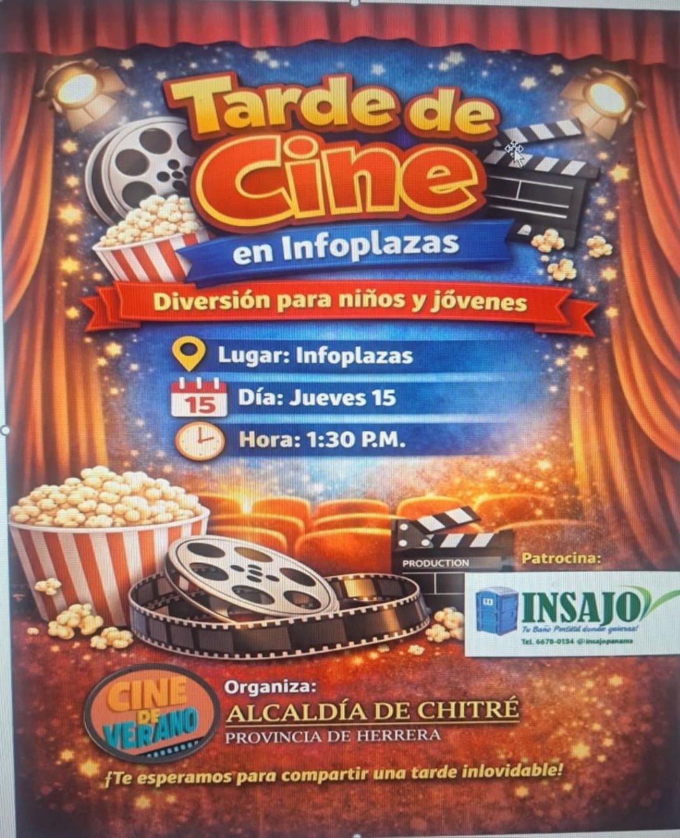 La Alcaldía de Chitré te invita a disfrutar de una divertida Tarde de Cine, pensada especialmente para niños y jóvenes, en un ambiente seguro y familiar. 📍 Lugar: Infoplazas 📅 Día: Jueves 15 ⏰ Hora: 1:30 p.m.