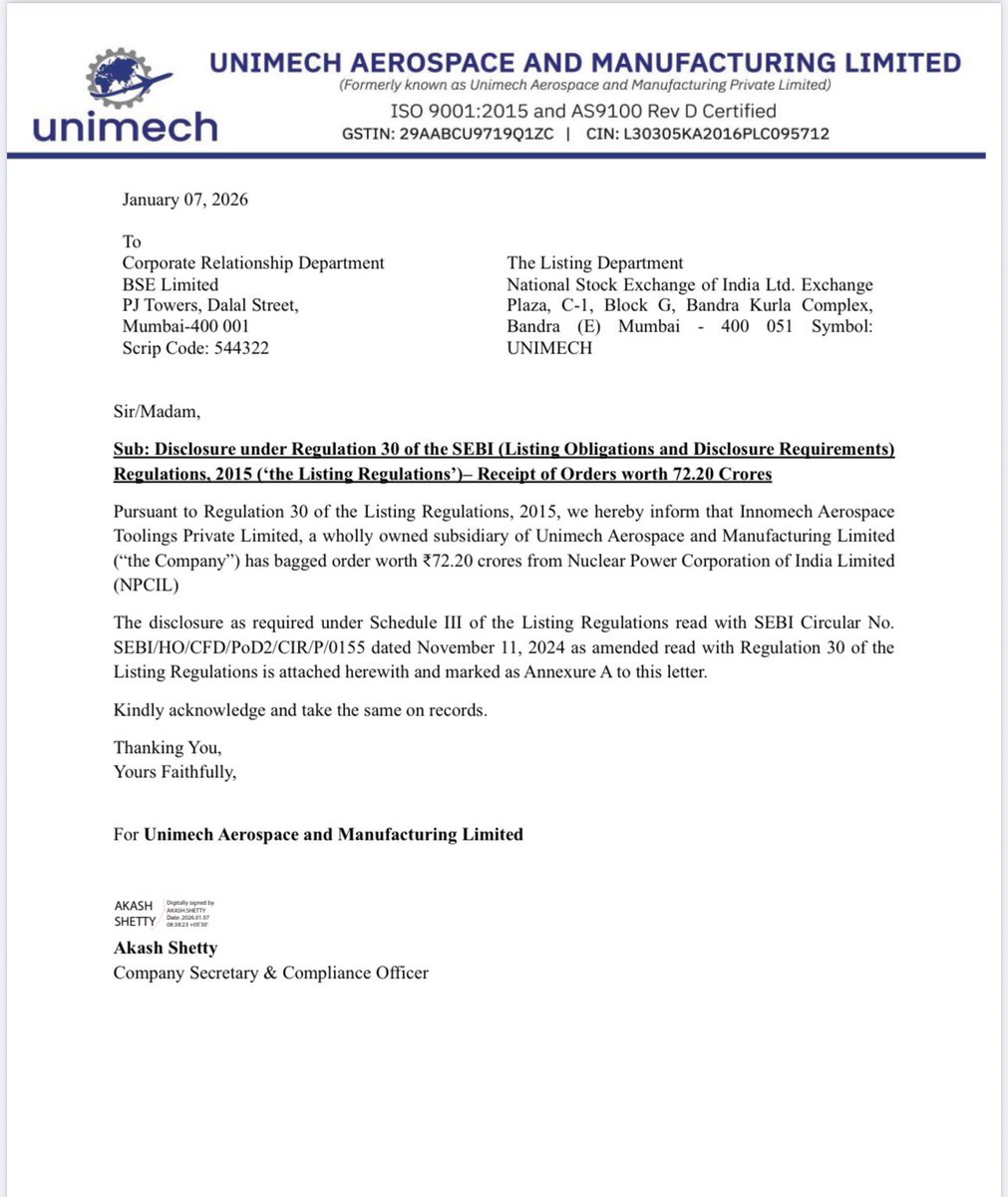 Vismaya9999's tweet image. Unimech Aerospace

Company wholly owned subsidiary, Innomech Aerospace Toolings, has secured a Major order worth ₹72.20 Crores from Nuclear Power Corporation of India Limited (NPCIL)!

#Unimech #Aerospace #NPCIL #OrderWin