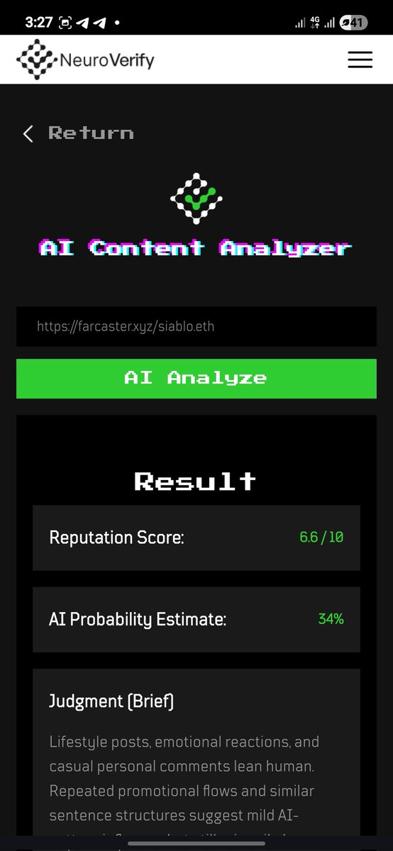 Iamawealthyvip's tweet photo. I just tested NeuroVerify demo and it worked perfectly! โ
It is nice what they are building, no more fake engagement..
Hopefully waiting to be abel to install the Chrome version
#NeuroVerify @NeuroV_hub