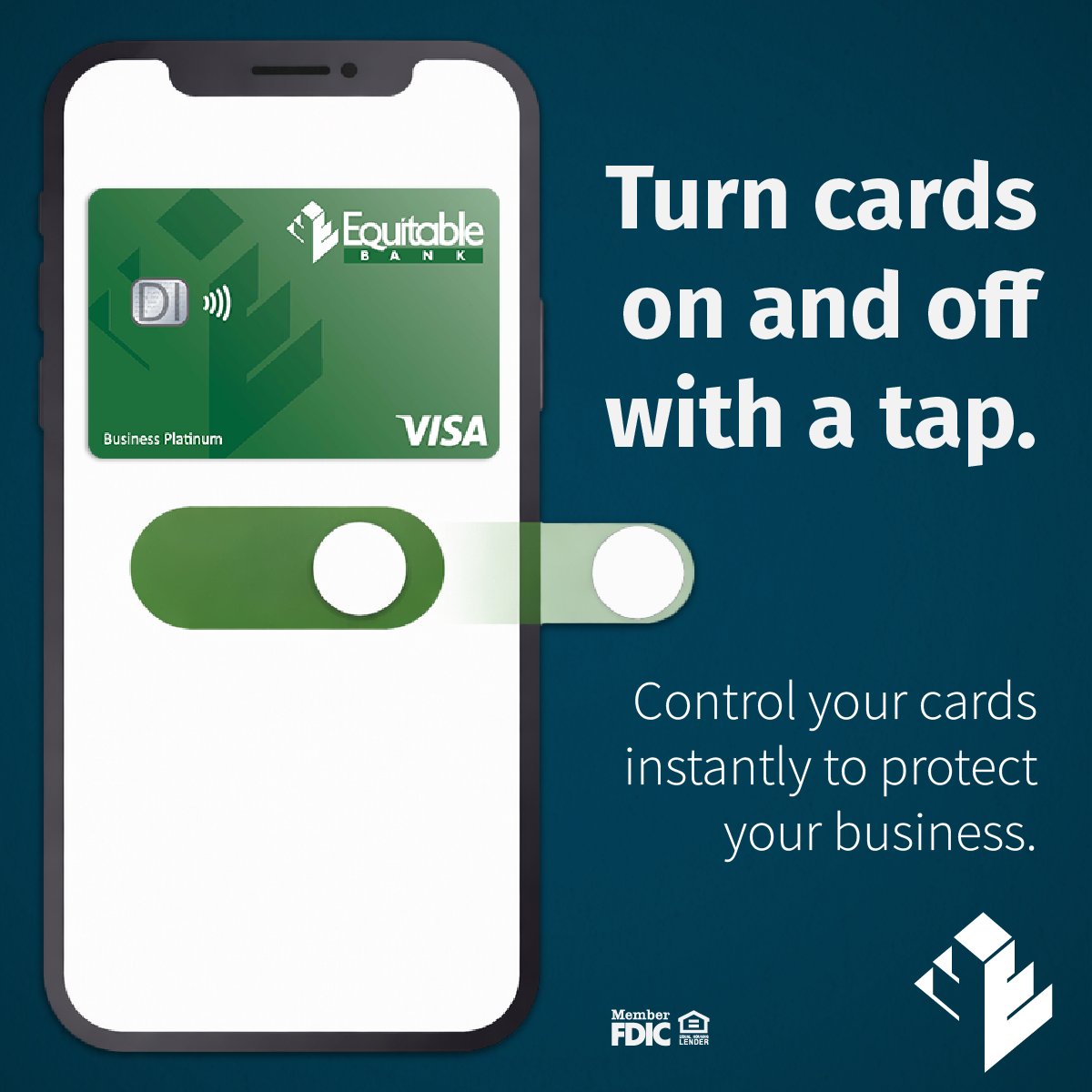 BankEquitable's tweet image. Security and control are right at your fingertips. Using the Equitable Bank mobile app, you can turn your credit card on or off instantly. Simply toggle it off to help prevent unauthorized use, then turn it back on when you’re ready. Learn more at equitableonline.key.credit/business/visa-…