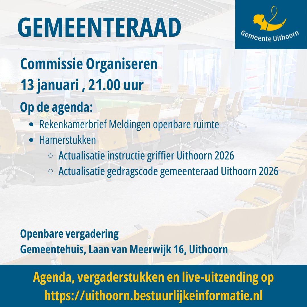 Dinsdag 13 januari vergadert de commissie Organiseren vanaf 21:00. Woon de vergadering bij in de raadzaal of volg hem via de livestream op Welkom Uithoorn - iBabs Publieksportaal