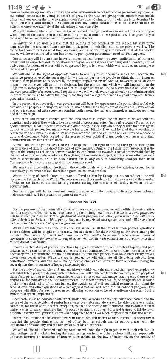 Firerisk6's tweet photo. "This is a "conspiracy theory" and "antisemitism"" 🤦

"For the purpose of destroying all collective forces except our own, we will nullify the universities, the first stage of collectivism, by reconstructing them along new lines. Their directors and professors will be trained for their work through detailed secret programs of action, from which they will not be able to deviate in the least with impunity. They will be appointed with special care and will be so placed as to be completely dependent upon the government."

https://t.co/uIPZMYHSUR
