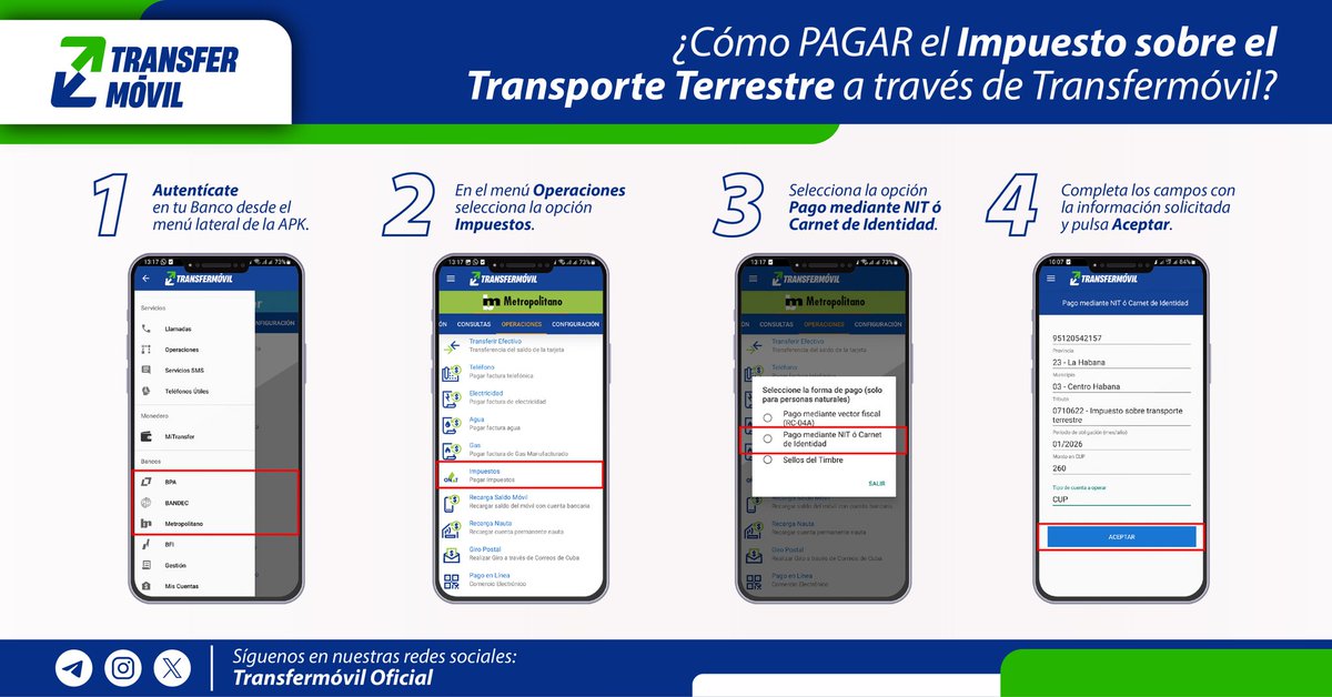 ¿Sabías que con #Transfermóvil puedes efectuar el pago del impuesto sobre el transporte terrestre o "pago de la chapa"? 📲

Te mostramos en la imagen el paso a paso a seguir. 📎