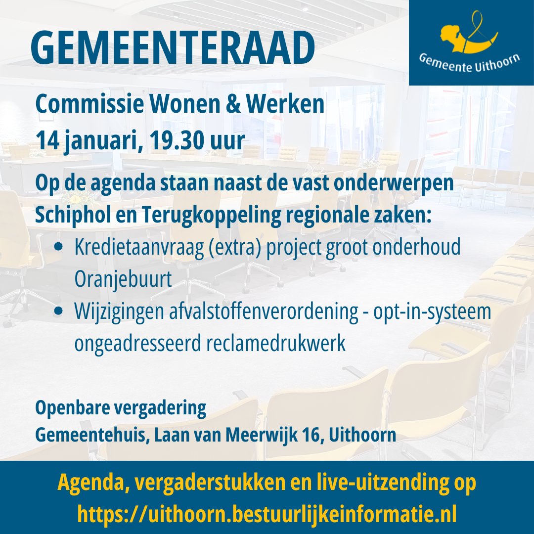 Woensdag 14 januari vergadert de commissie Wonen en werken vanaf 19:30. Woon de vergadering bij in de raadzaal of volg hem via de livestream op Welkom Uithoorn - iBabs Publieksportaal