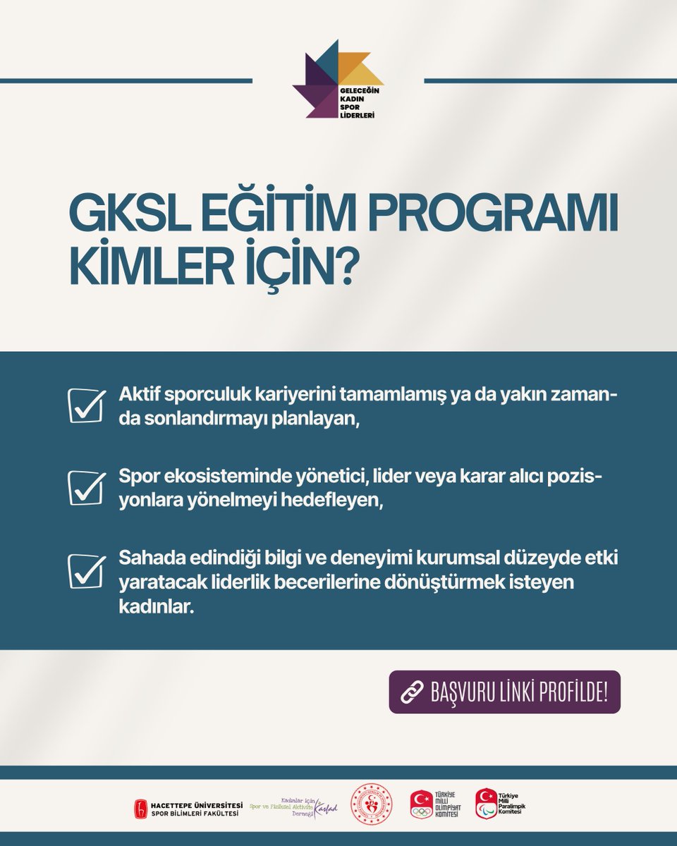 Spor ekosisteminde liderlik kapasiteni güçlendirmek; karar alma süreçlerinde nasıl daha görünür ve etkili olacağını kadınlarla bir arada öğrenmek istiyorsan, GKSL Eğitim Programı’na başvurunu bekliyoruz.✨

🔗 Detaylar ve başvuru: kasfad.org/gelecegin-kadi…