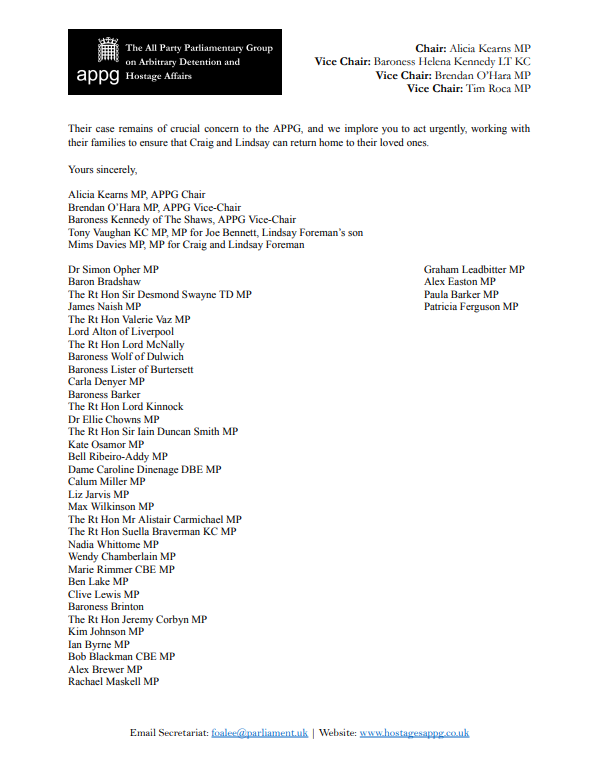The APPG has sent a joint parliamentary letter to <a href="/YvetteCooperMP/">Yvette Cooper</a> calling for urgent action to secure the release of Craig and Lindsay Foreman after the 3rd of January marked the one year anniversary of their arbitrary detention in Iran.

<a href="/freelindscraig/">Lindsay Craig</a>