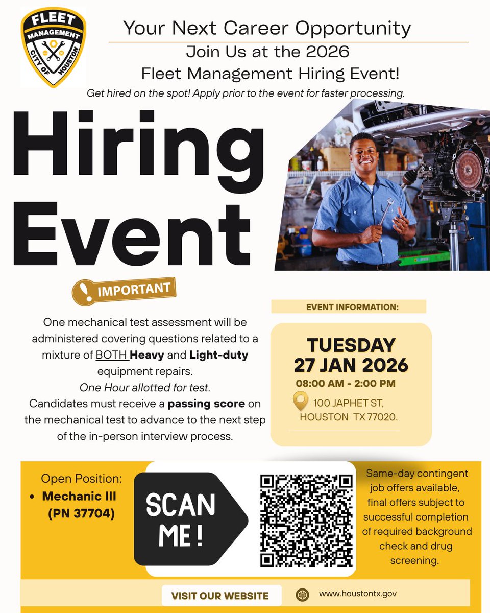 🚨 Houston Hiring! City of Houston's Fleet Management seeks Mechanic III. 
 🚐 Onsite interviews + same-day contingent offers! 
🗓️ Jan 27 | 8 AM–2 PM 
📍100 Japhet St. 
Pass the mechanical test → interview that day. Walk-ins welcome. 
🔗 Apply now:  ayrs.io/SGVXPq