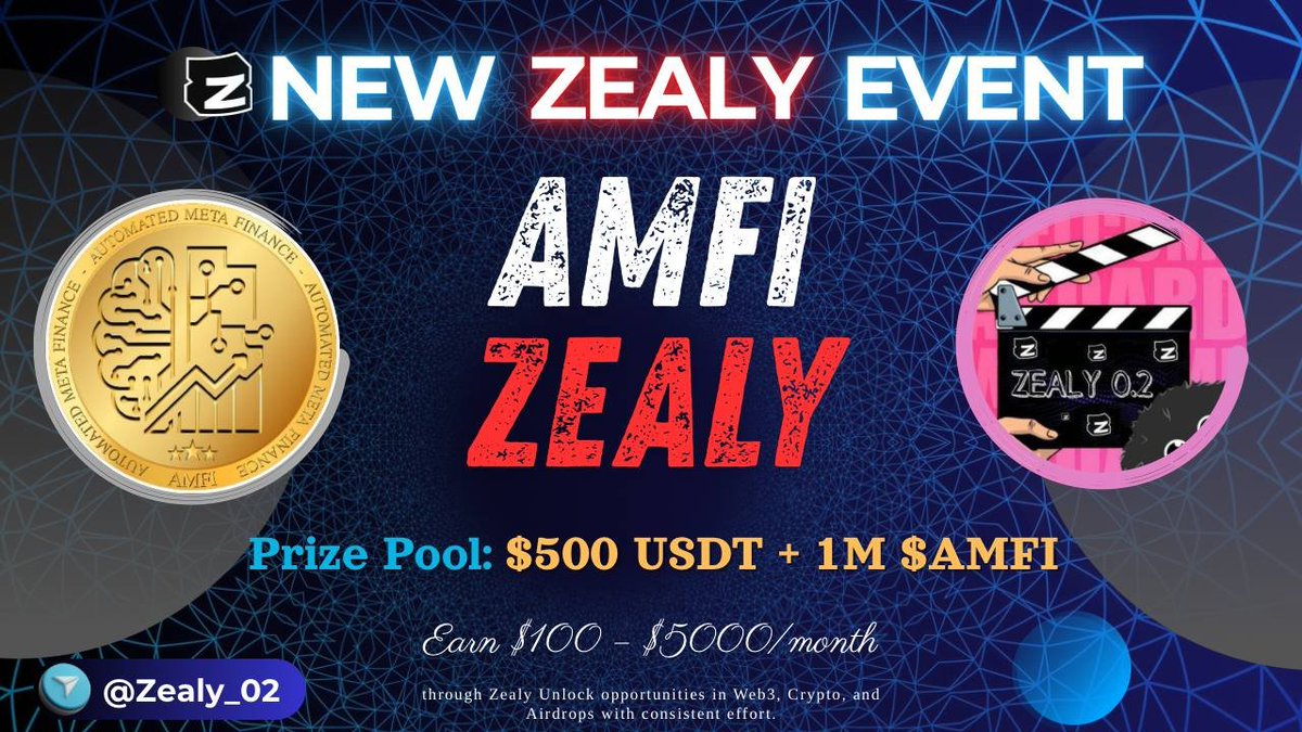 ⚡️ AMFI Zealy Event 
🏆 Top 50 Users Will Win

👍 Get Started Now: zealy.io/cw/automatedme…

💰 Total Rewards: $500 USDT + 1M $AMFI
• Top 1 = $50 USDT + 100,000 $AMFI  
• Top 2–5 = $30 USDT + 55,000 $AMFI 
• Top 6–10 = $20 USDT + 31,000 $AMFI 
• Top 11–20 = $8 USDT + 22,500