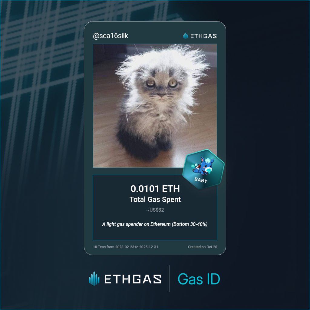 Discovered my Gas ID via ETHGas - turning my gas spend into rewards 🫘

As a Baby Jack, I've spent 0.0101 ETH on gas but earned 2 Beans back.

Get your Gas ID and Beans here: ethgas.com/community/gas-…