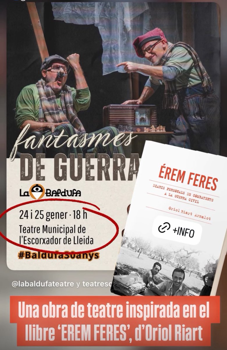 ‘Fantasmes de Guerra’, un homenatge a les grans amistats i una mirada a la nostra Guerra Civil en clau d’humor. Inspirat en l’obra ‘Érem Feres’ de l’historiador Oriol Riart. 

24 i 25 de gener, al Teatre de l’Escorxador de Lleida.

+INFO labaldufateatre.com/espectacles/fa…