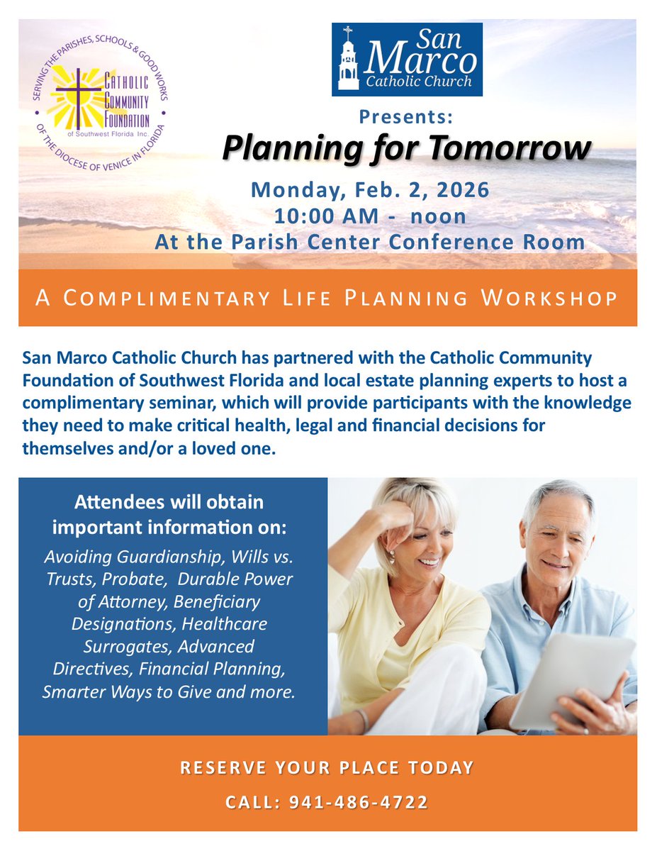 We are excited to share that we partnered with San Marco Catholic Church for a Life Planning Seminar on Monday, Feb. 2.

Please RSVP by calling (941)486-4722.